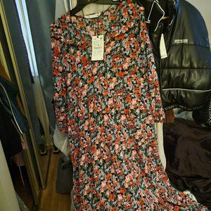 Zara Rossie Floral Boho Midi  Dress sz LNew w Tags